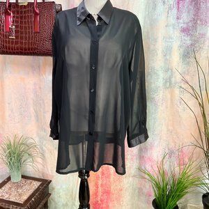 VTG📌 Chiffon Button Down Blouse with Satin Collar & Cuffs